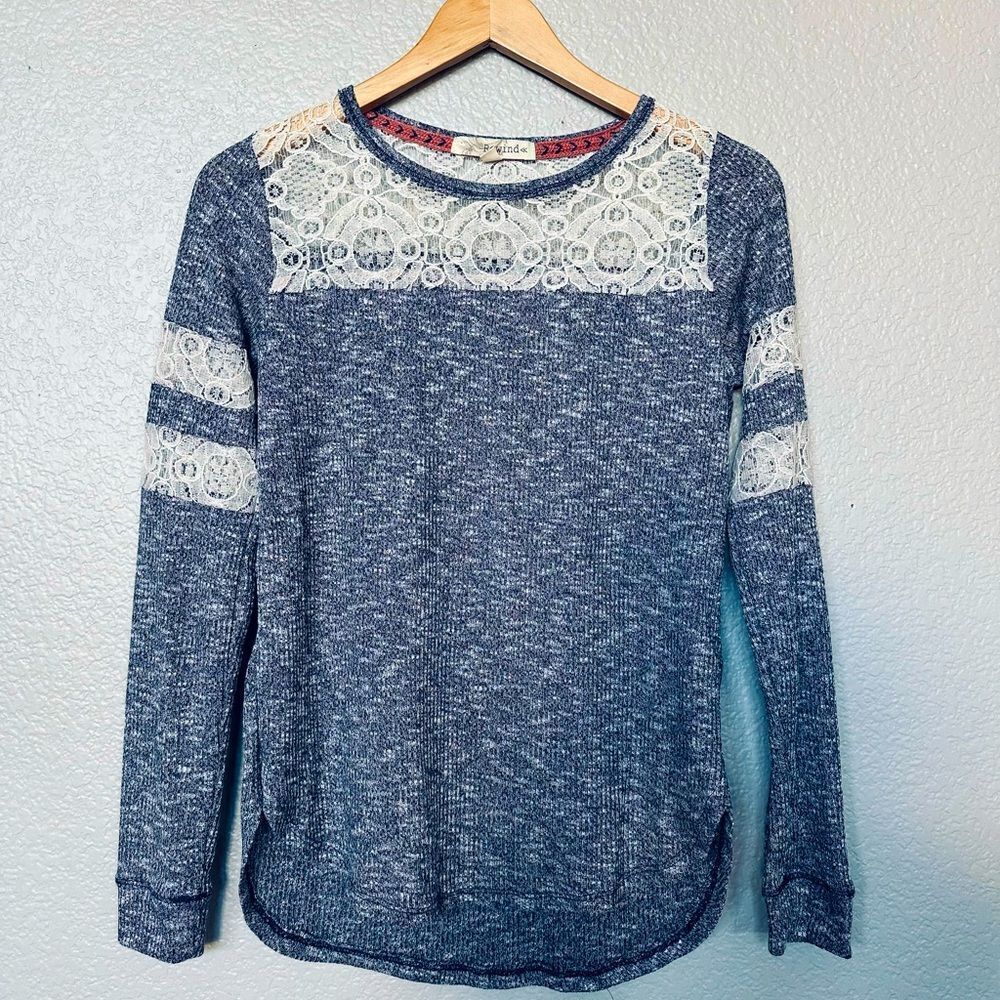 Boho Lace Rewind Navy Blue Knit Sweater Top S
